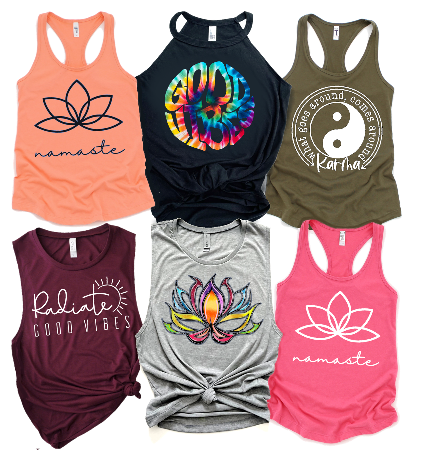 Good Vibes Boho Karma Yoga Studio Work Out Gym Graphic Tanks: Sizes & Styles Vary