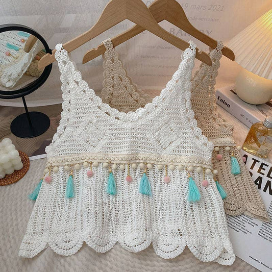Vintage Fringe Hollow-Out Sleeveless Knit Vest: WHITE / AVERAGE