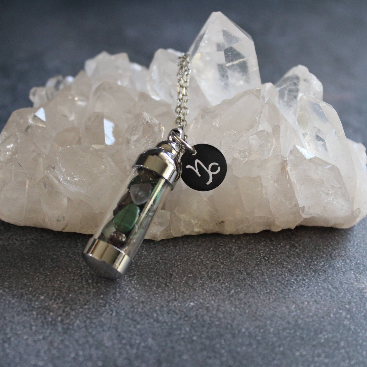 Capricorn Crystal Vial Necklace, Zodiac Astrology Gift