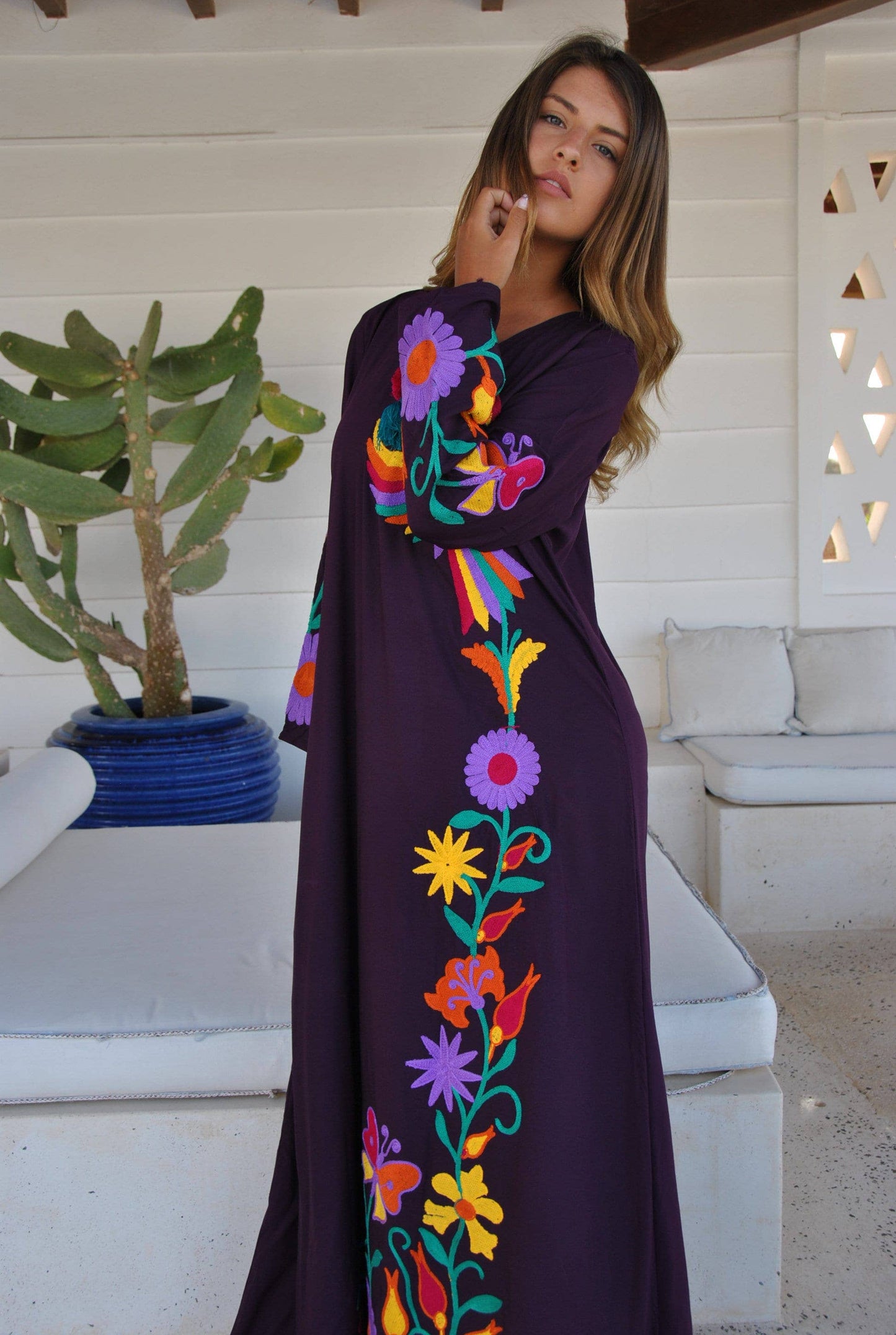 Purple peacock embroidered Caftan, caftans for women, embroidered Caftan dress, Caftan maxi dress, Caftans for women, cotton Caftans: M