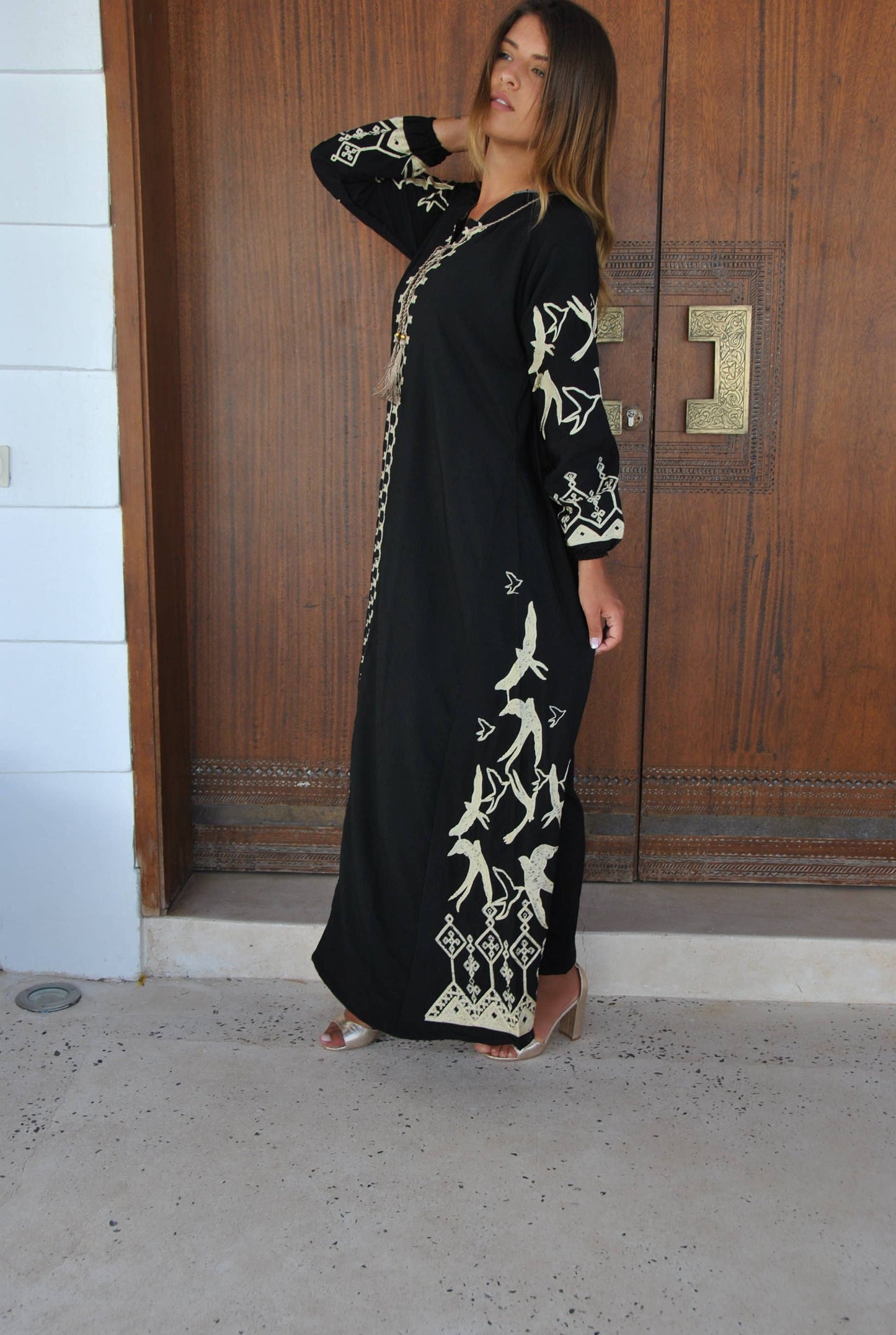 Black Flock of Birds Embroidered Caftan, Caftans for Women: 2X