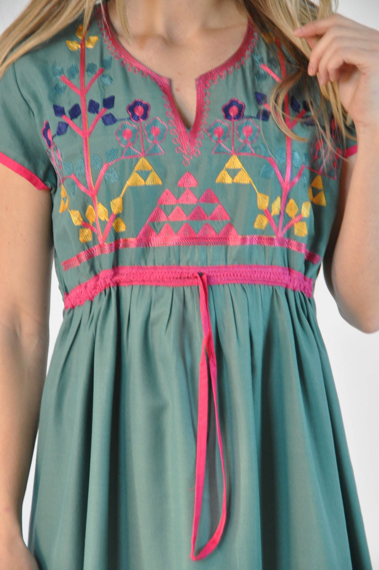 Green Cotton Tunic Embroidered Kaftan Dress