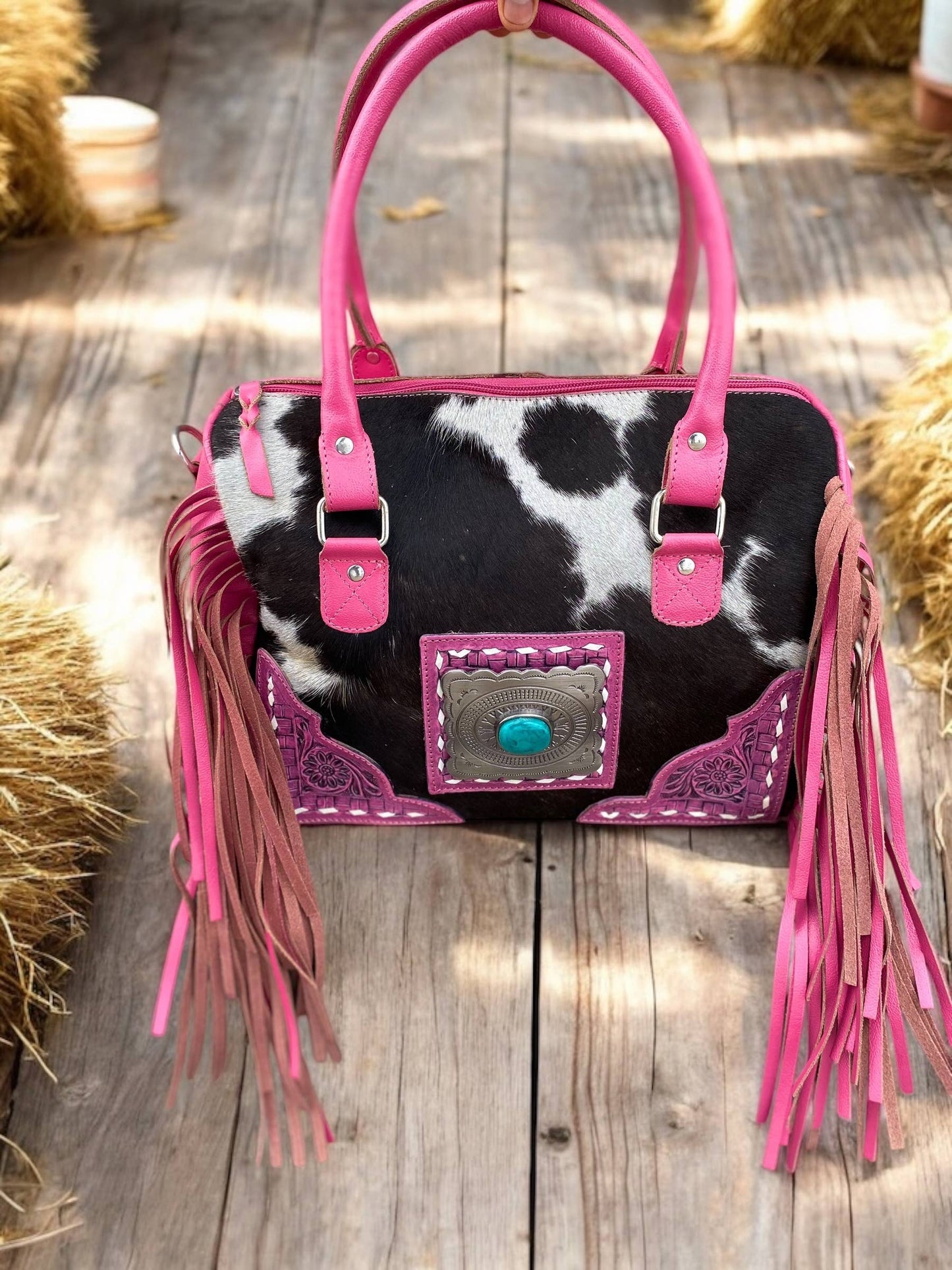 Pink Fringe Speedy Cowhide Conchos