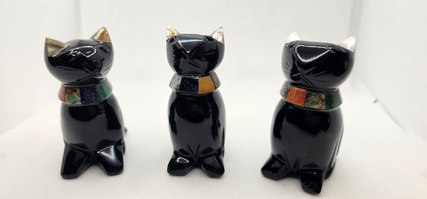 Obsidian Cats with Chakra Collar