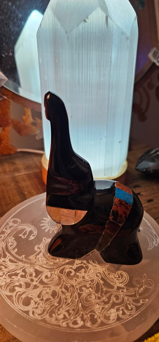 Black Obsidian Elephant with abalone ears & stone inlay