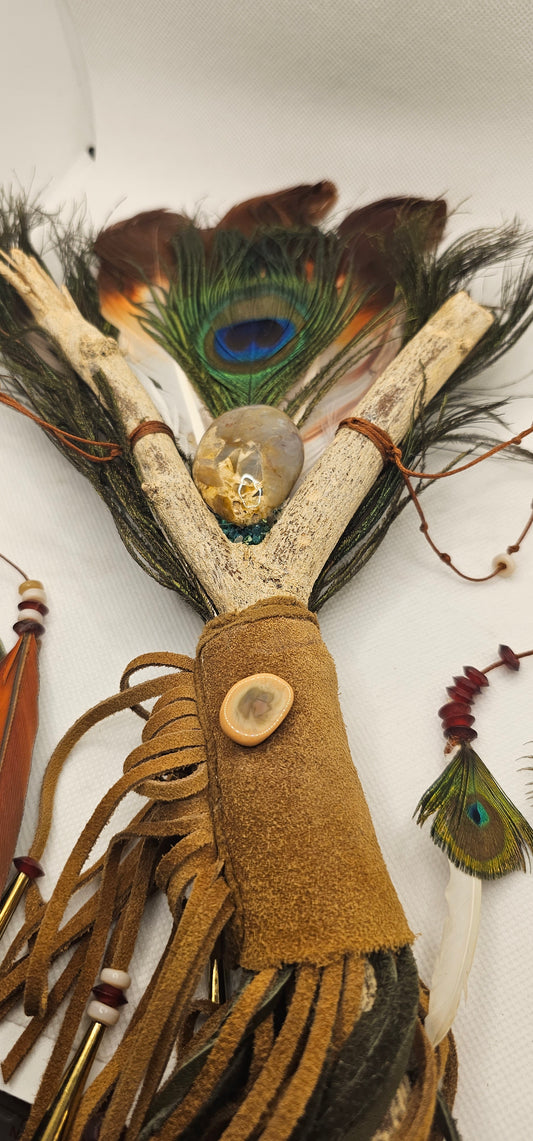 Feather Fan- Empowerment Healing Themed Fan with Peacock Feathers
