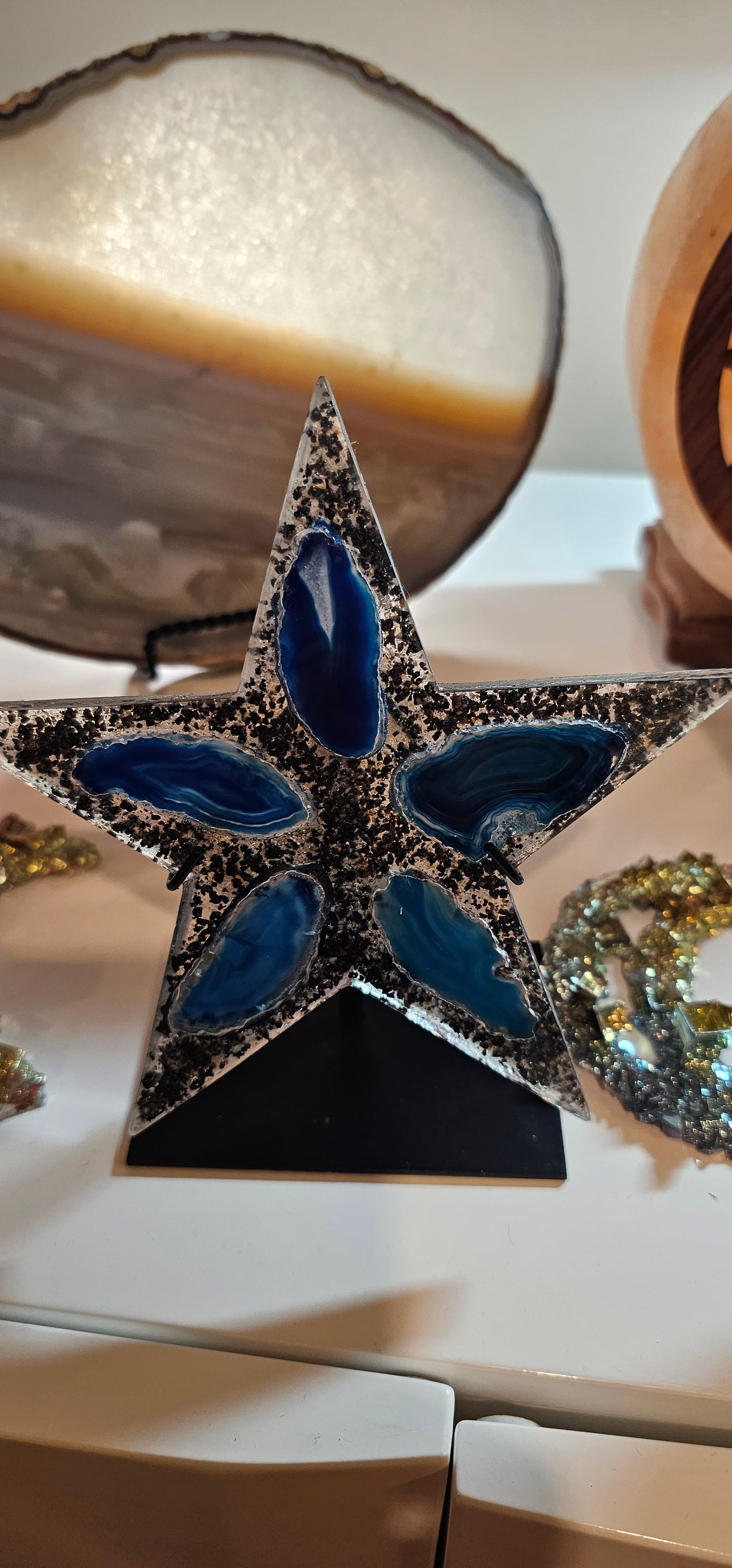 Agate in a Moon shape or Butterfly shape-encased in resin on stand