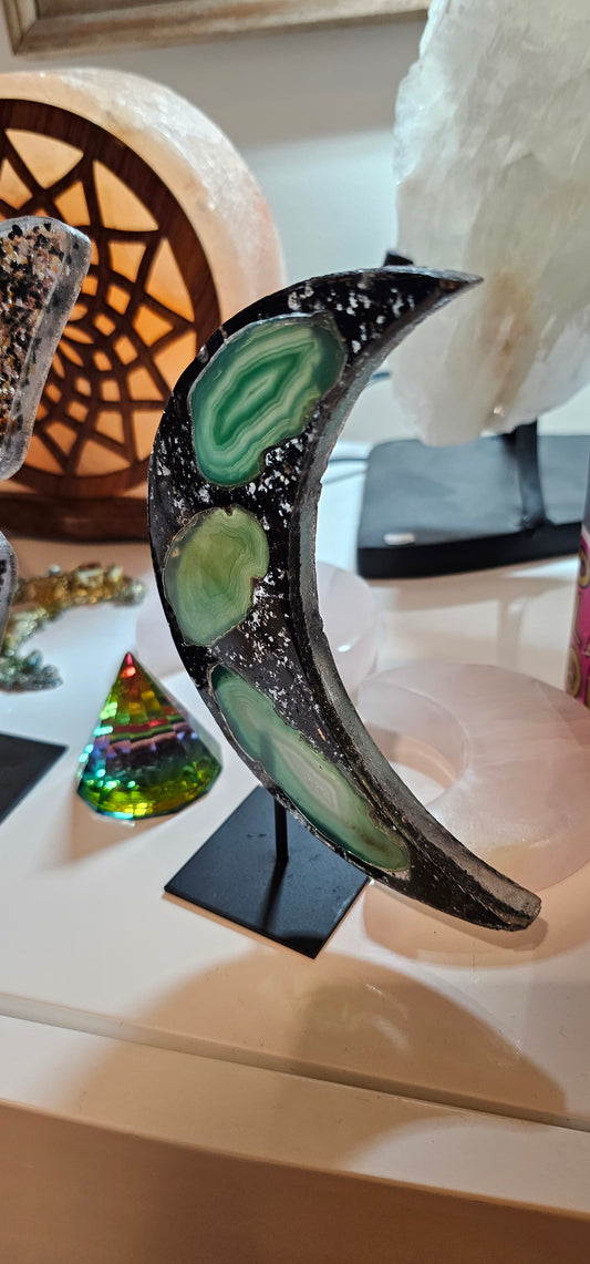Agate in a Moon shape or Butterfly shape-encased in resin on stand