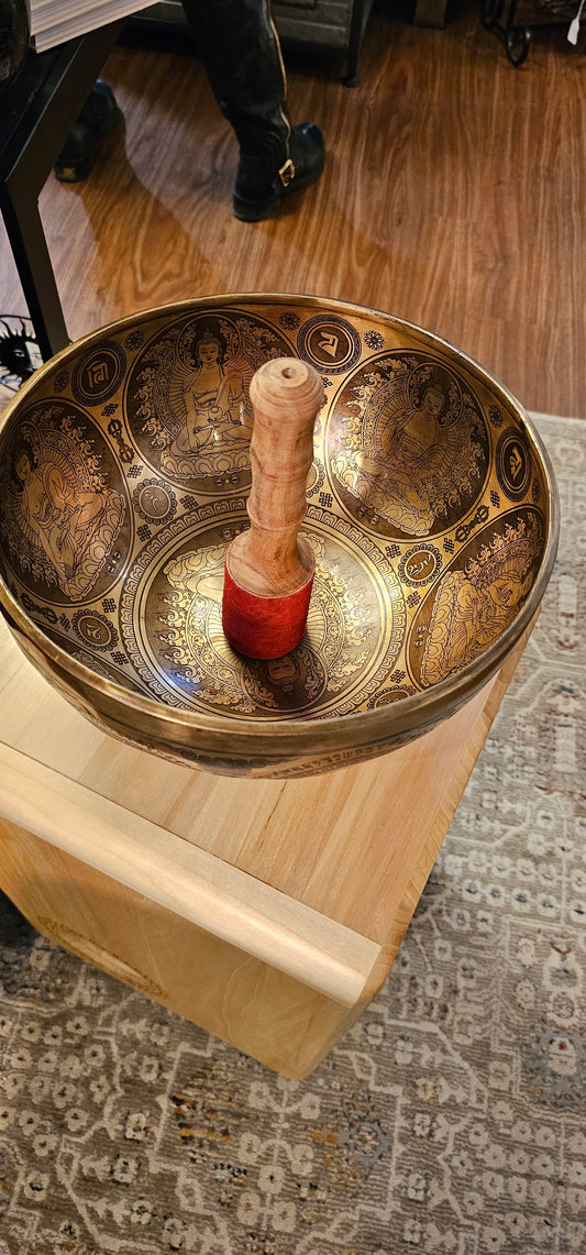 Tibetan Sound Bowl Carved with Buddha & Kuan Yin