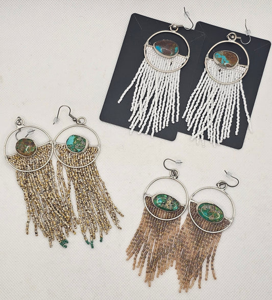 Stone with Metal and Beaded Fringe Earrings- Montana Made