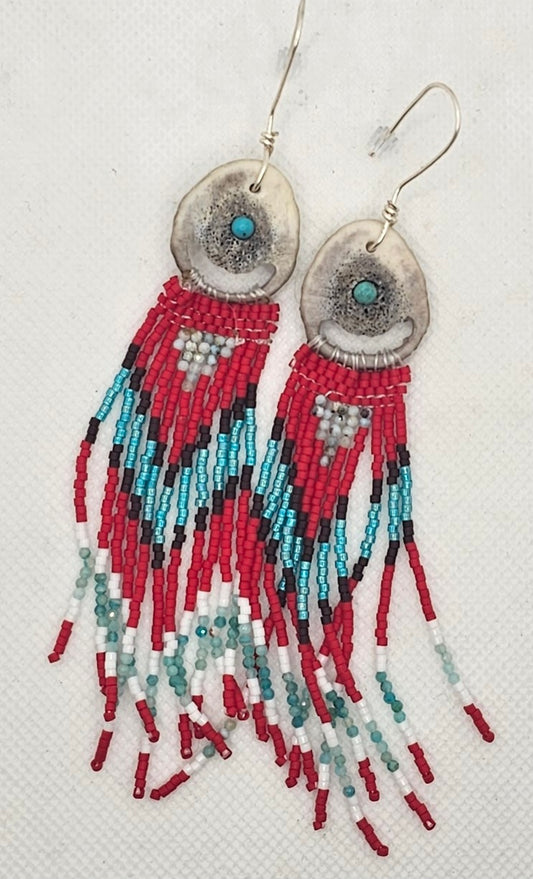 Beaded Fridge and Bone with Turquoise Earrings- Made in Montana