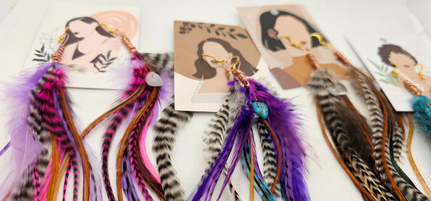 Feather Earrings with Copper & Stone