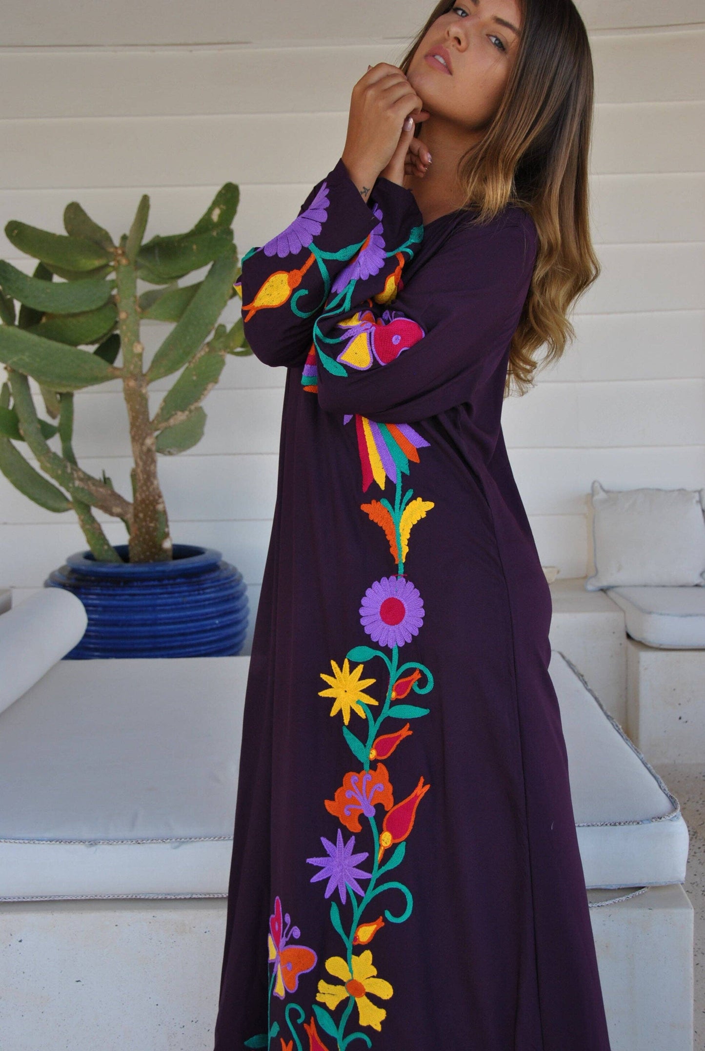 Purple peacock embroidered Caftan, caftans for women, embroidered Caftan dress, Caftan maxi dress, Caftans for women, cotton Caftans: M