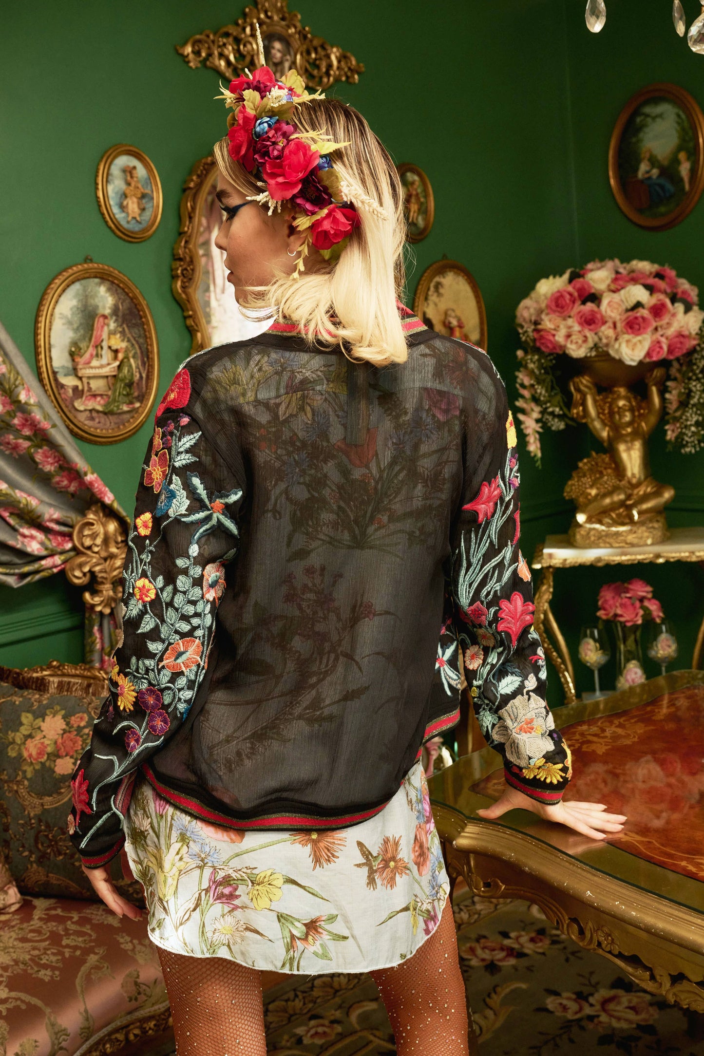 Bellezza Embroidered Bomber Jacket: Black Floral / M