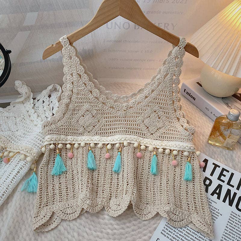 Vintage Fringe Hollow-Out Sleeveless Knit Vest: BEIGE / AVERAGE