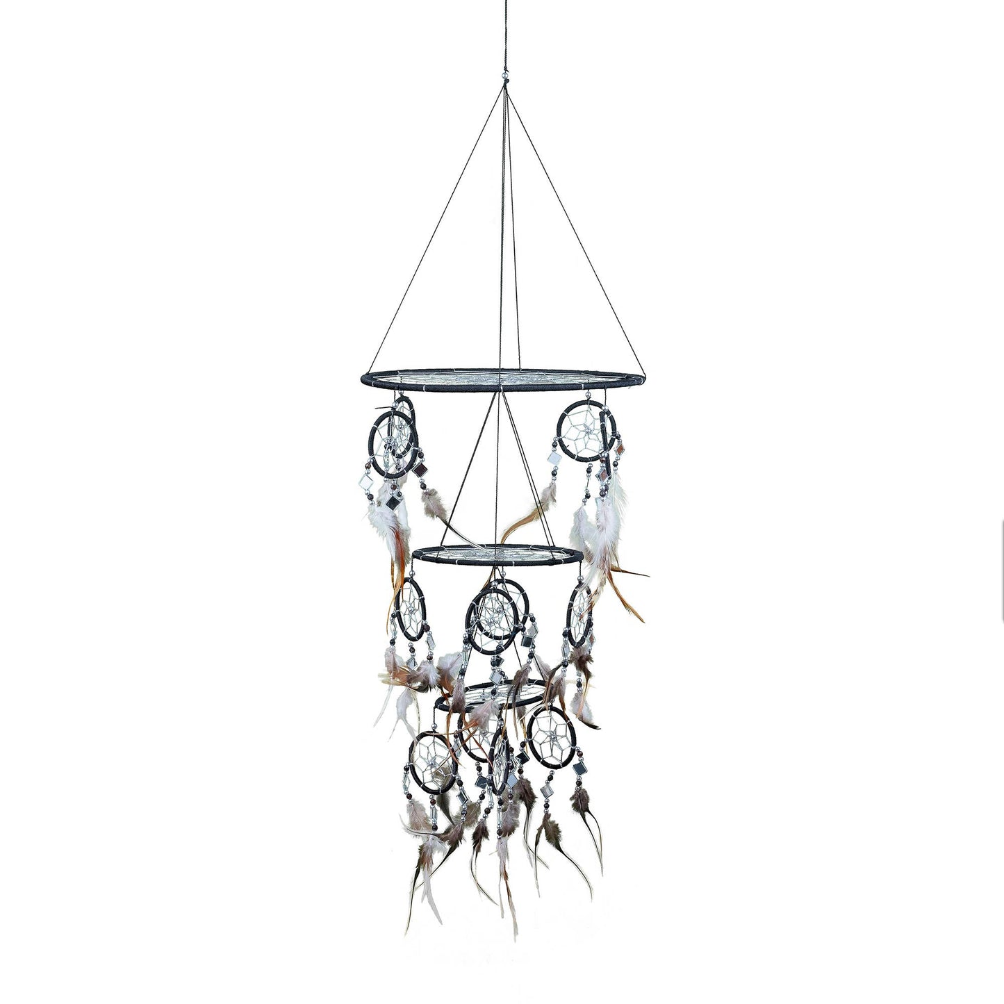Triple Dream Catcher With Black Feathers & Mosaic Glass