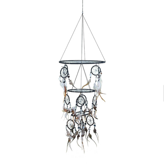 Triple Dream Catcher With Black Feathers & Mosaic Glass