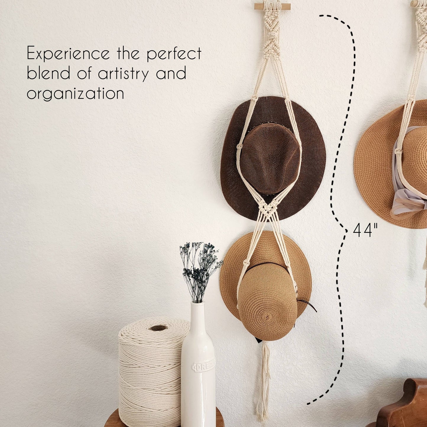 Macrame Hat Hanger, Wall Mounted Hat Display and Organizer: Double Hat Hanger / Cafe Latte