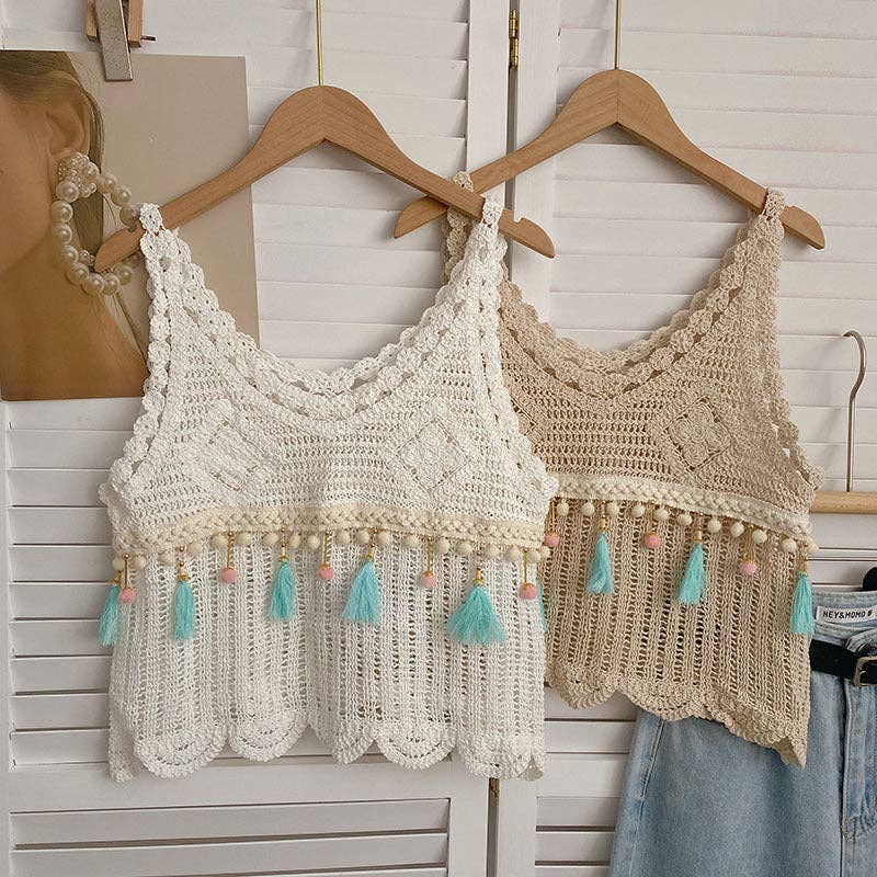 Vintage Fringe Hollow-Out Sleeveless Knit Vest: WHITE / AVERAGE