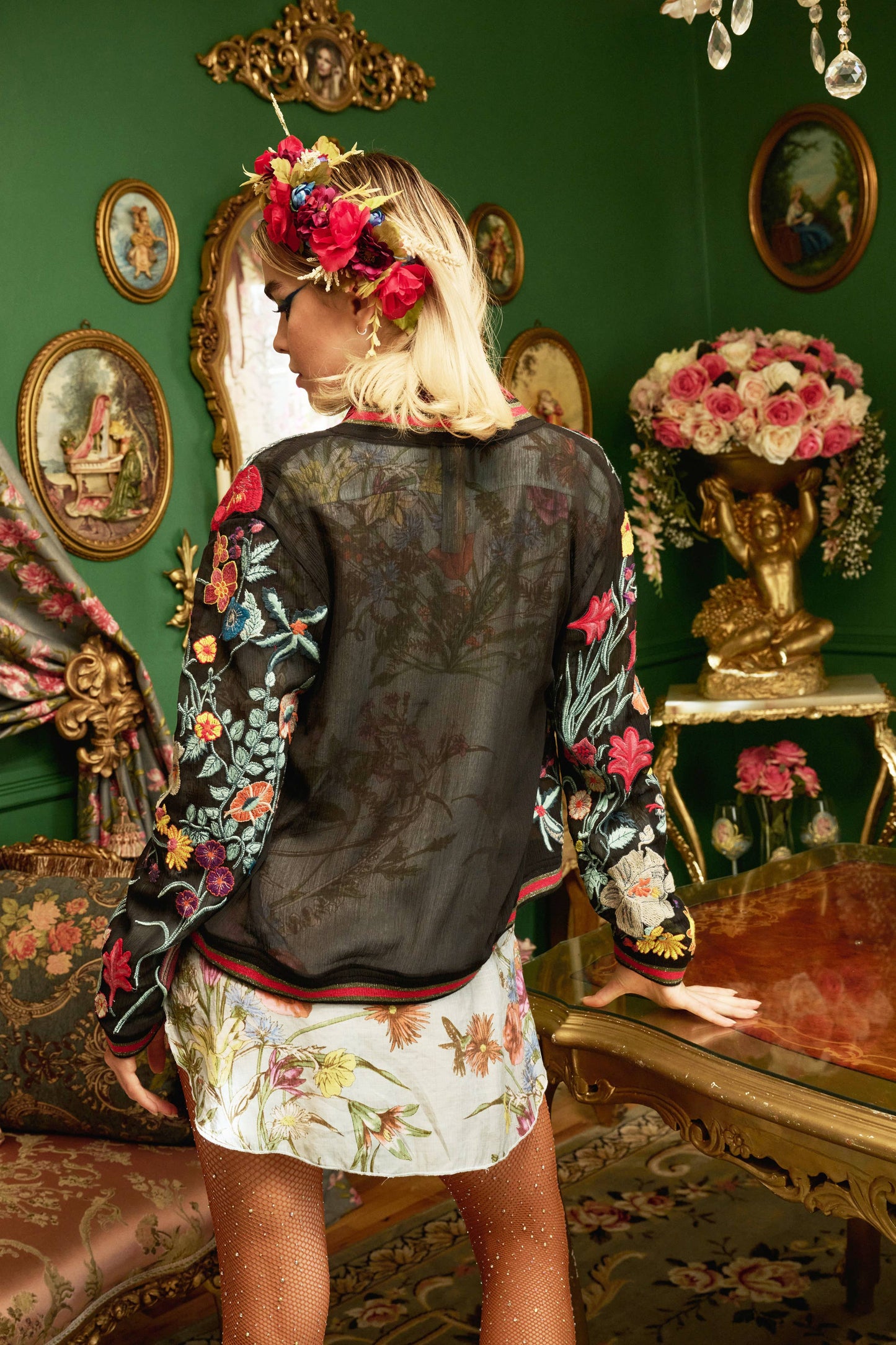 Bellezza Embroidered Bomber Jacket: Black Floral / XL