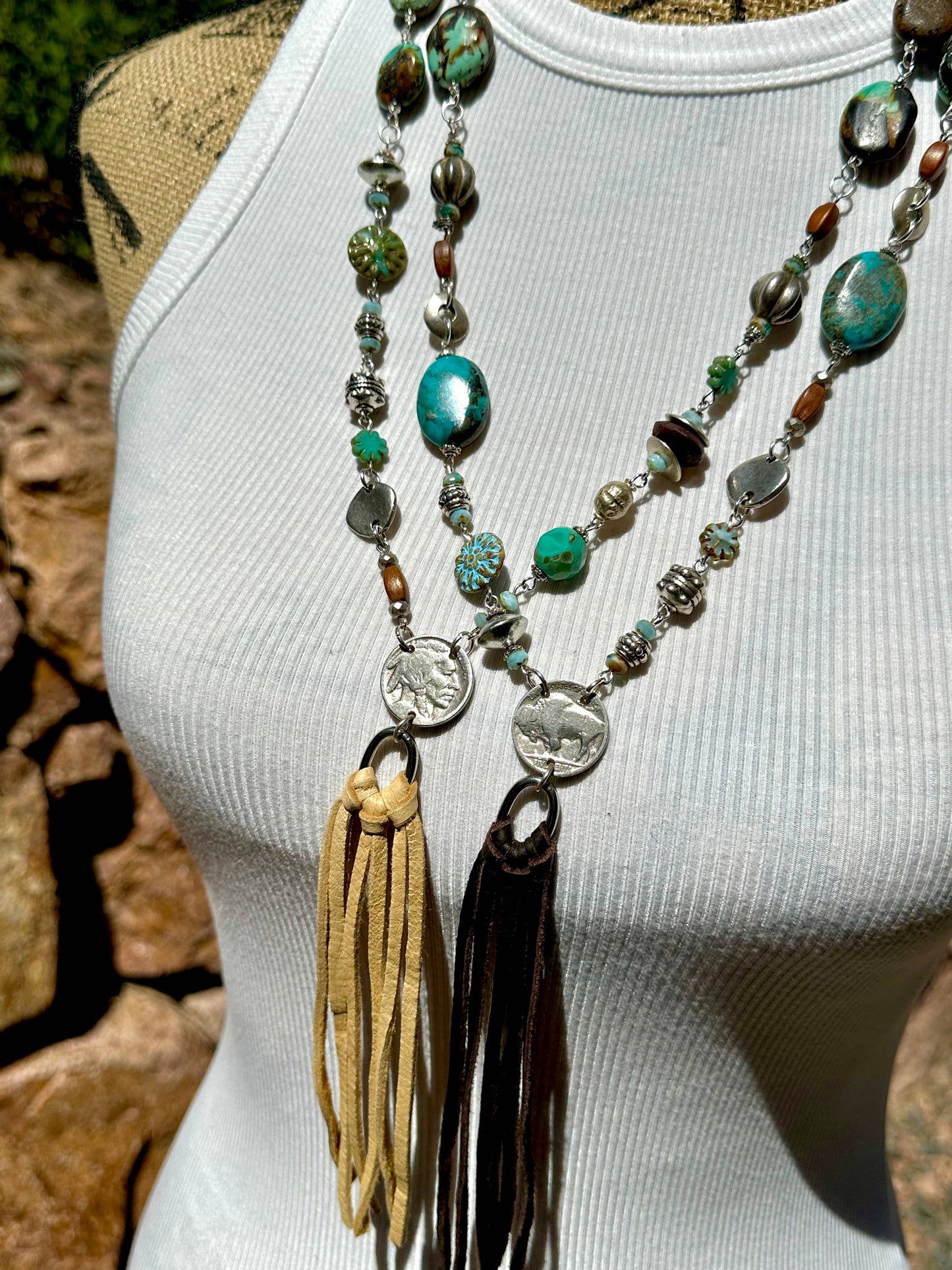 Pueblo Sequence Buffalo Nickel, Leather Tassel Necklace: Chocolate Brown