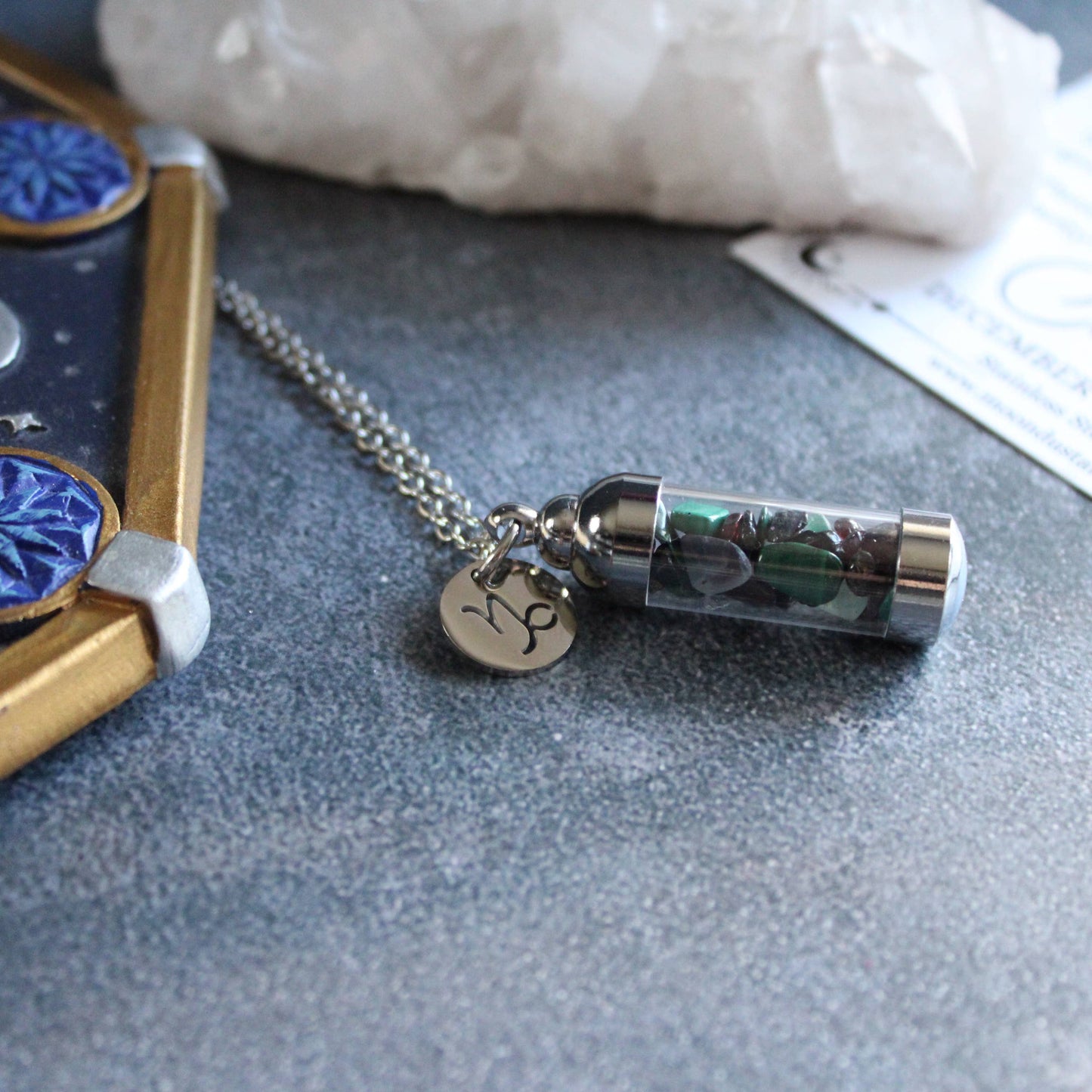 Capricorn Crystal Vial Necklace, Zodiac Astrology Gift