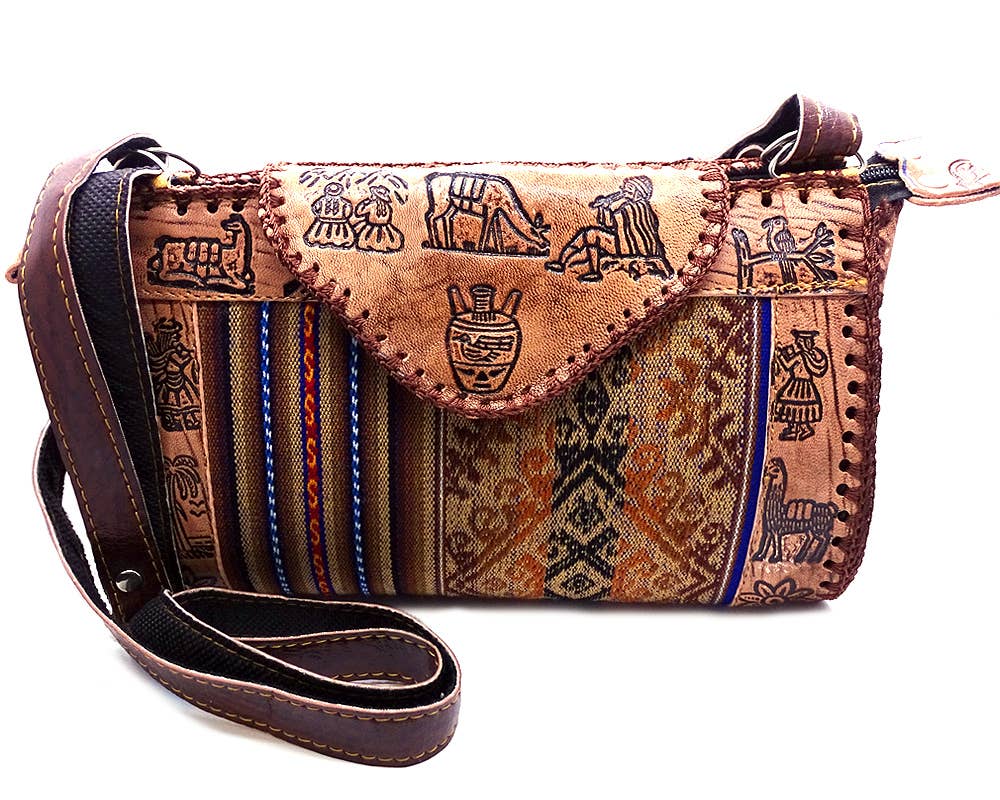 Large Tribal Peruvian Leather Material Crossbody Purse Bag
