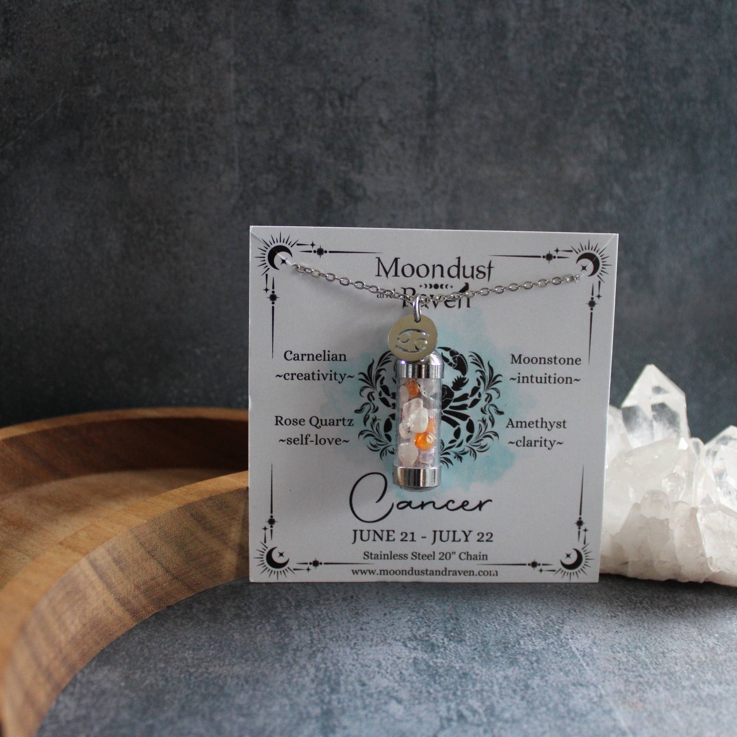 Cancer Crystal Vial Necklace, Zodiac Astrology Witchy Gift