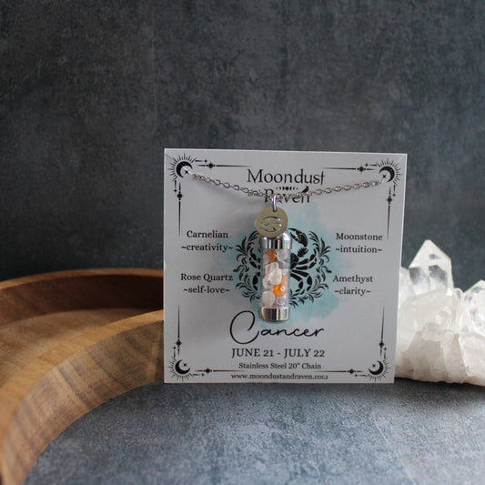 Cancer Crystal Vial Necklace, Zodiac Astrology Witchy Gift