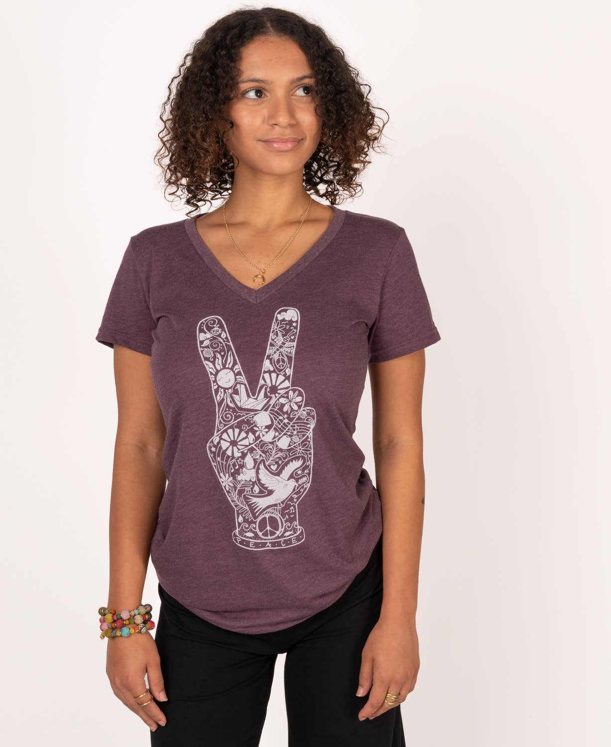 Peace Fingers V-Neck T-Shirt - Eco-Friendly Hippie Boho Tee: XL