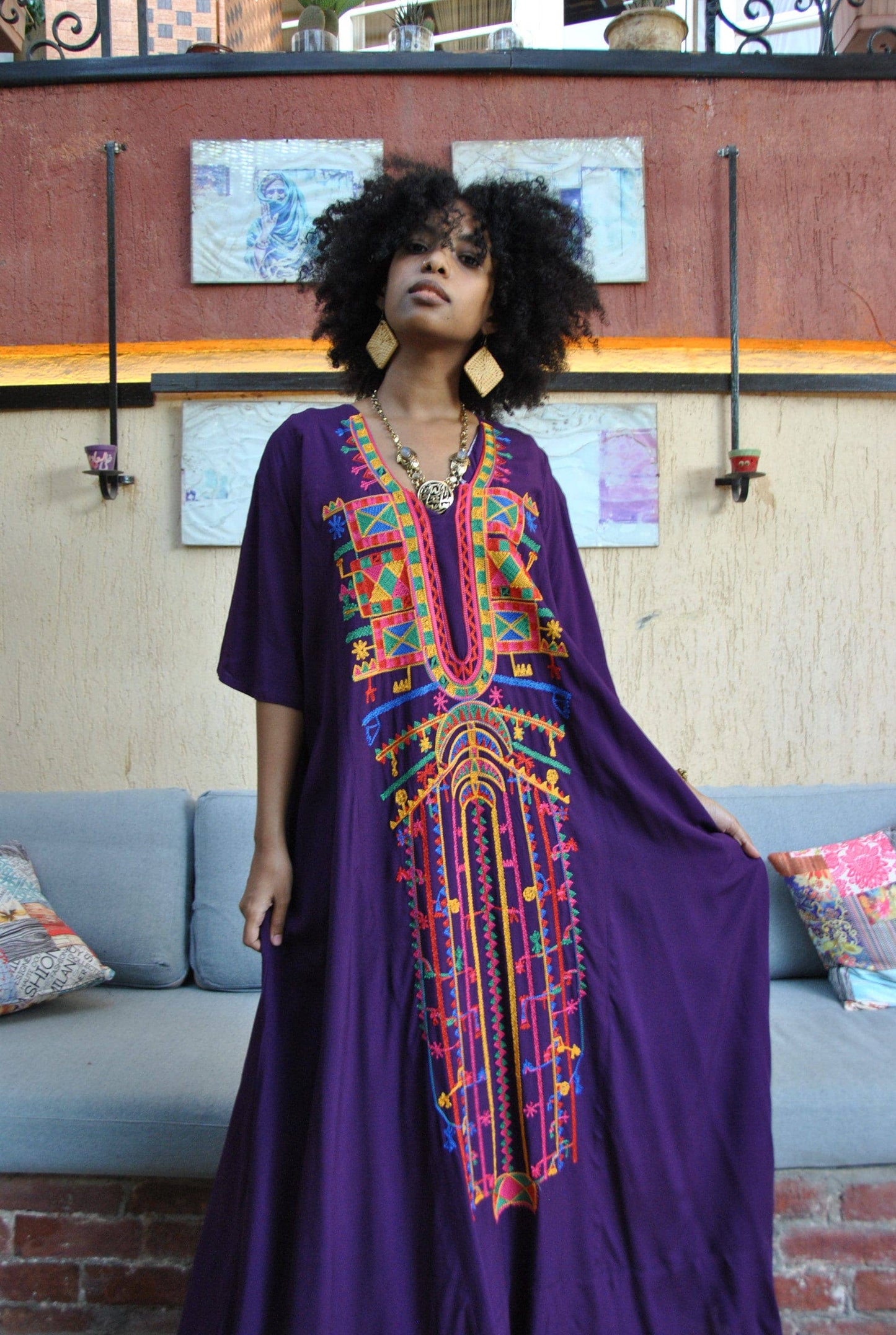 Purple Siwa Multicolor embroidered Kaftan dress, Cotton Kaftan, caftans for women, Summer Kaftan, Embroidered kaftan, caftans, Egyptian