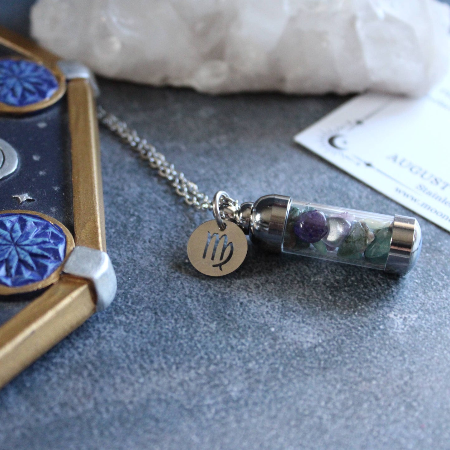 Virgo Crystal Vial Necklace, Zodiac Astrology Witchy Gift