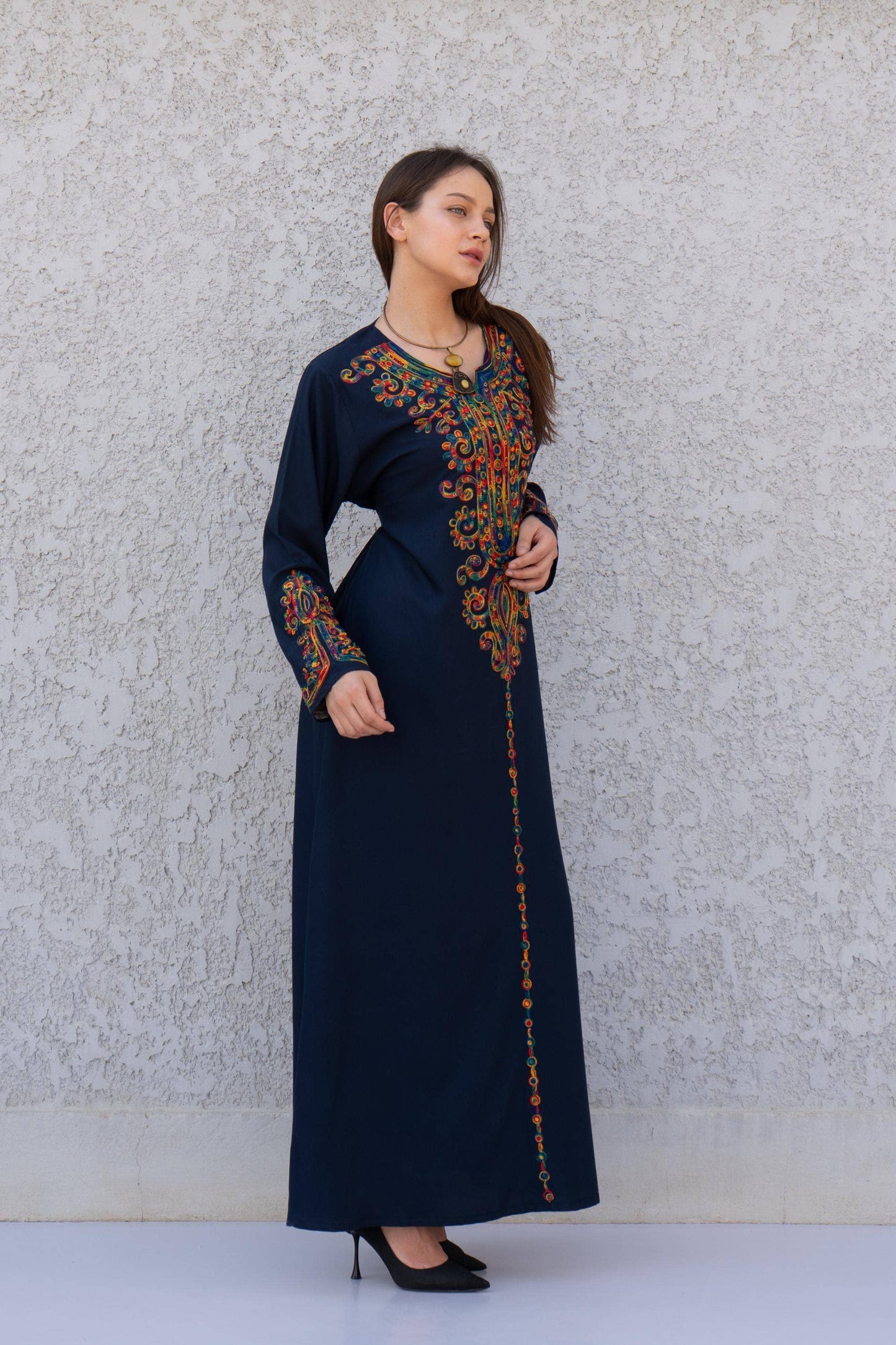 Navy Blue embroidered caftan dress, embroidered Cotton caftan, Chic embroidered caftan, Egyptian cotton caftans for women: S/M/L