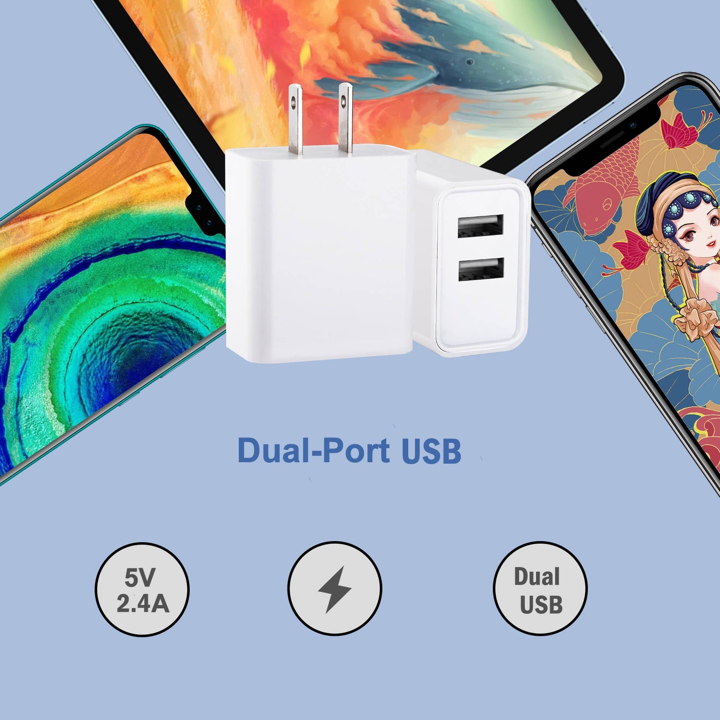 Charge 2-Port USB Wall Chargers for Android & IP Retail Pack: White / 2 USB-A Ports