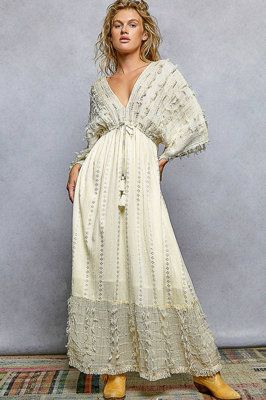 V-neck Metal Button Down Textured Linen Solid Maxi Dress