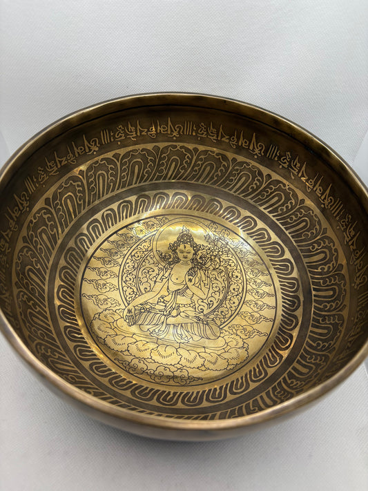 Tibetan Bowl Etched with Kuan Yin 9.5"