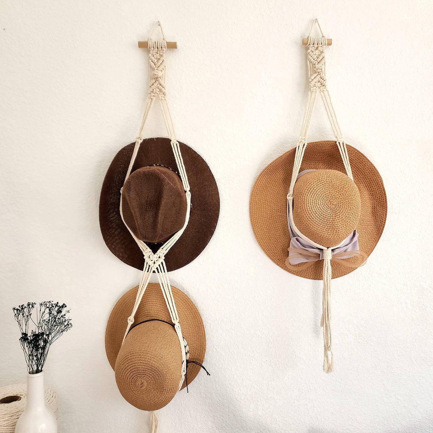 Macrame Hat Hanger, Wall Mounted Hat Display and Organizer: Double Hat Hanger / Cafe Latte