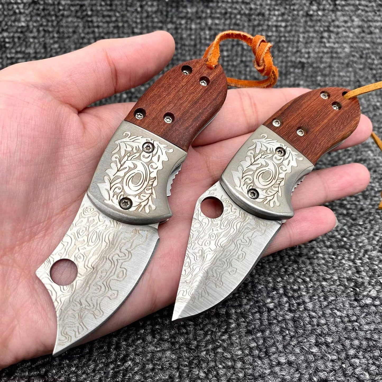 Wooden Handle Patterned Stainless Steel Foldable Knife