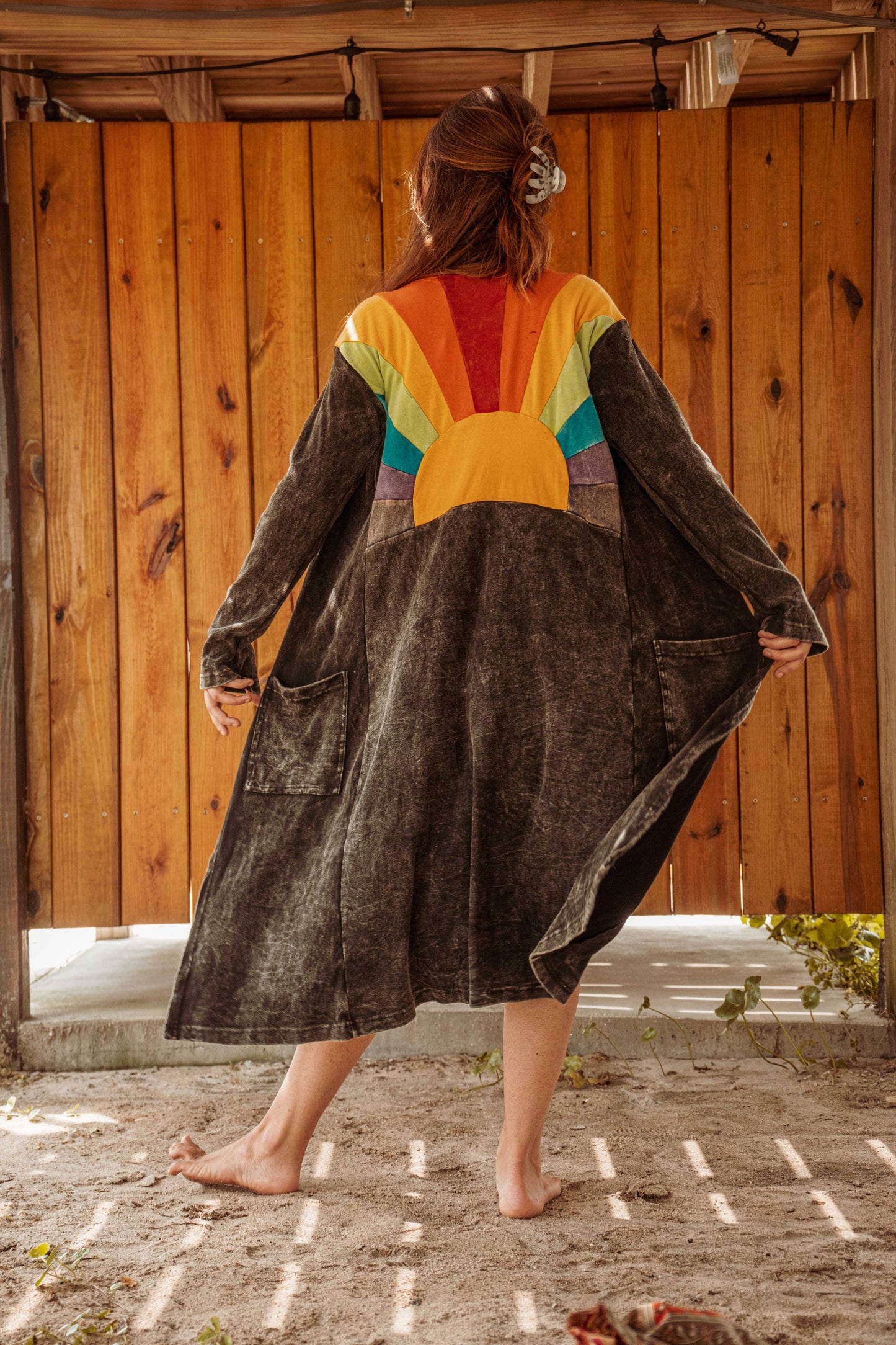 Sun Ray Cardigan, Cotton Earthy Hippie Boho Style Duster: Black / 2XL