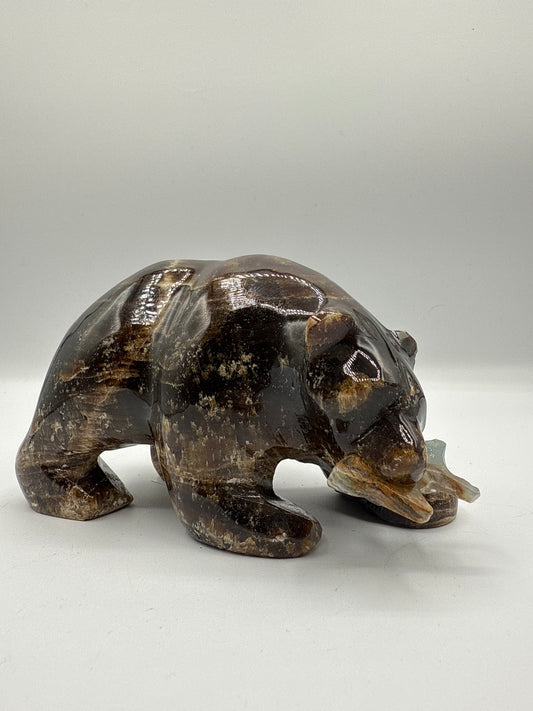 Chocolate Calcite Grizzly Bear with Fish