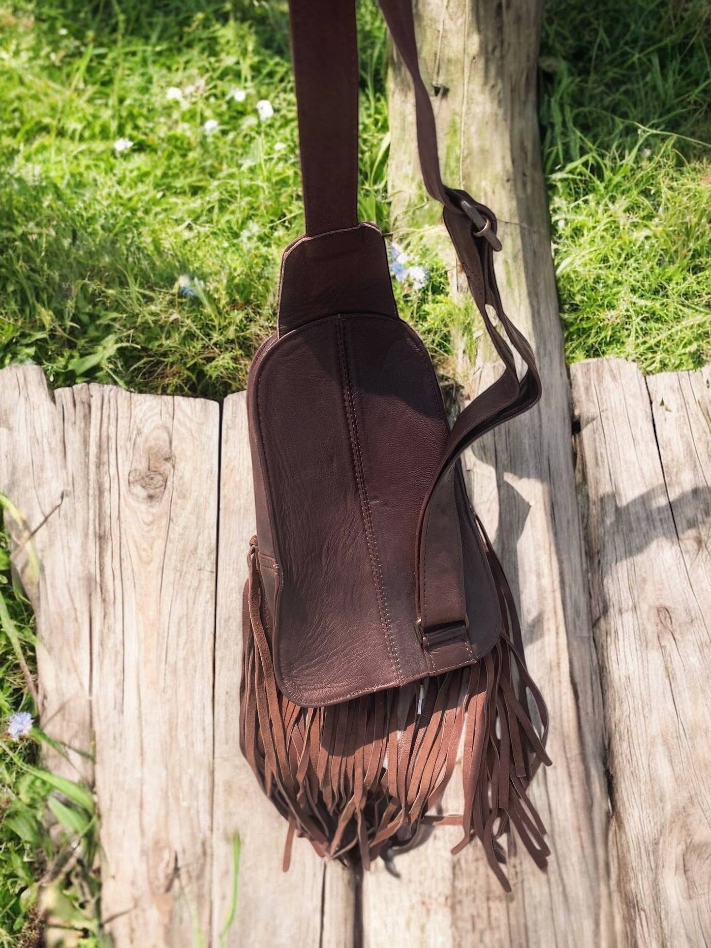 Brown Tooled Leather Fringe Sling Bag 