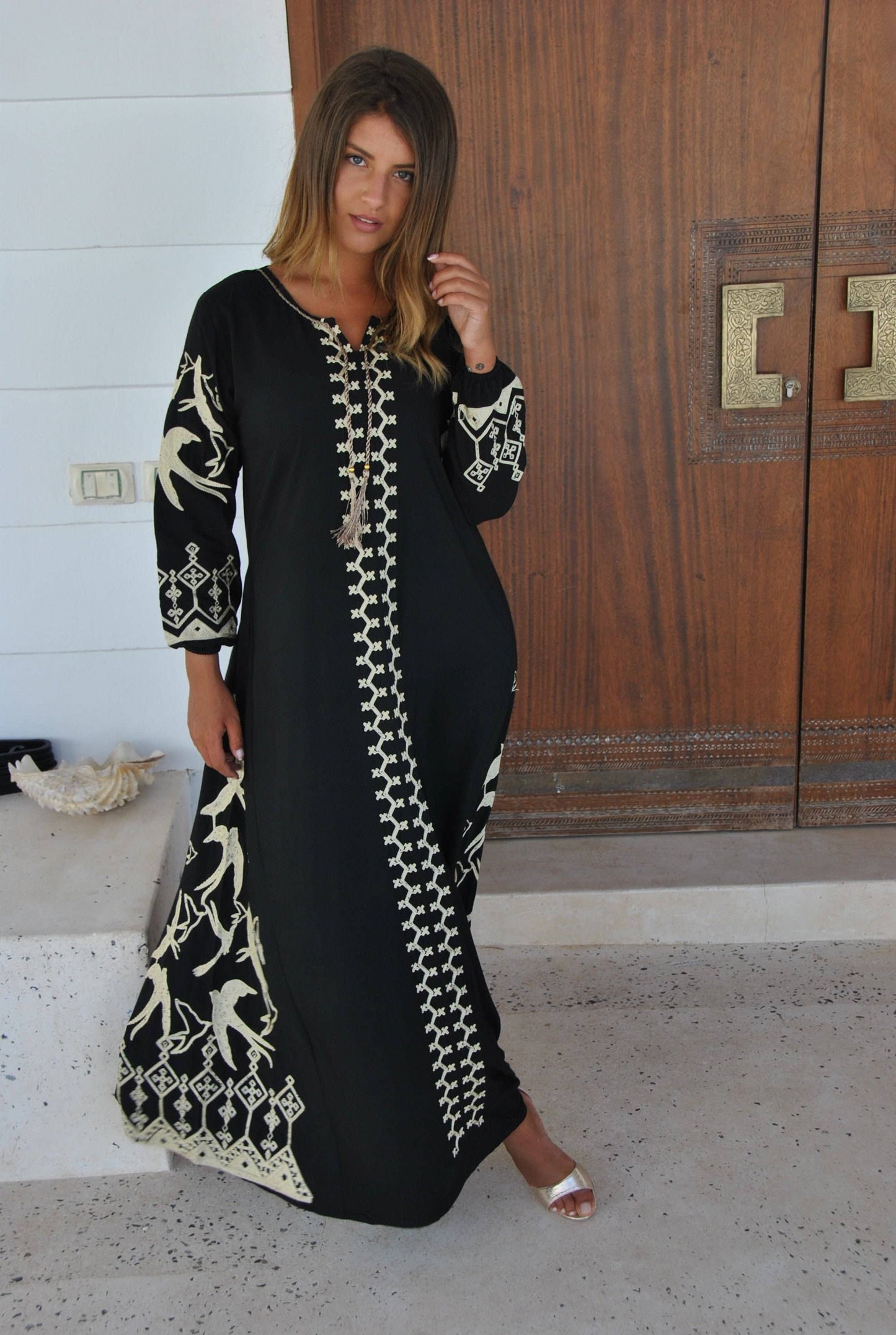 Black Flock of Birds Embroidered Caftan, Caftans for Women: 2X