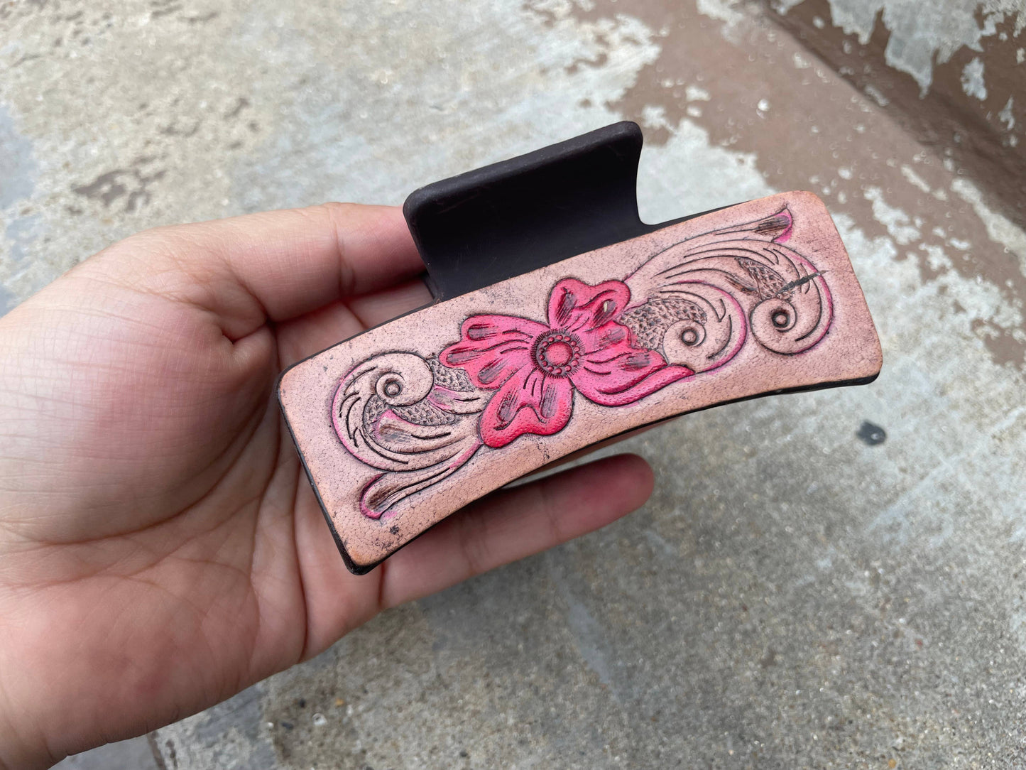 Floral Tooled leather Hair Claw Clips 4"