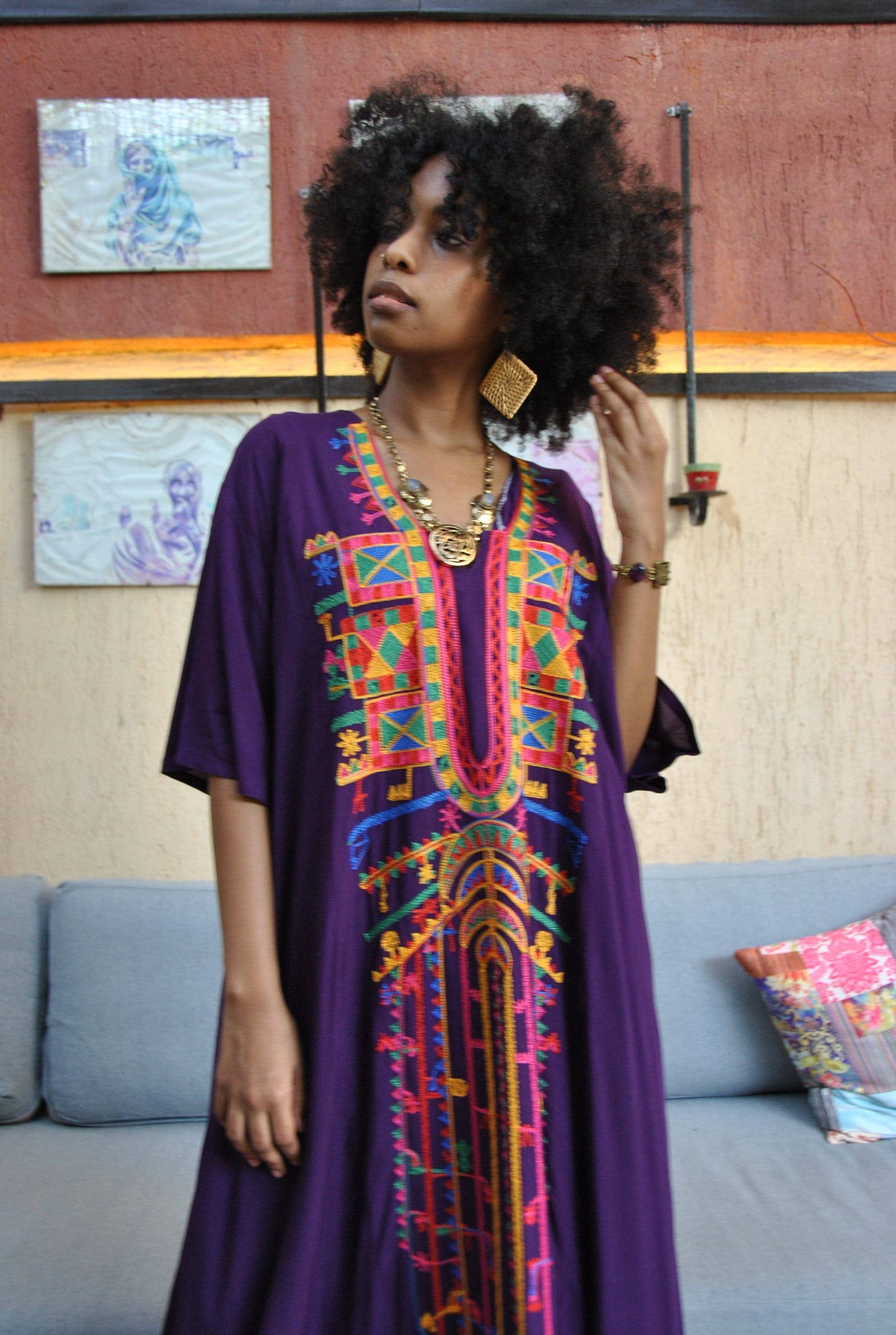 Purple Siwa Multicolor embroidered Kaftan dress, Cotton Kaftan, caftans for women, Summer Kaftan, Embroidered kaftan, caftans, Egyptian