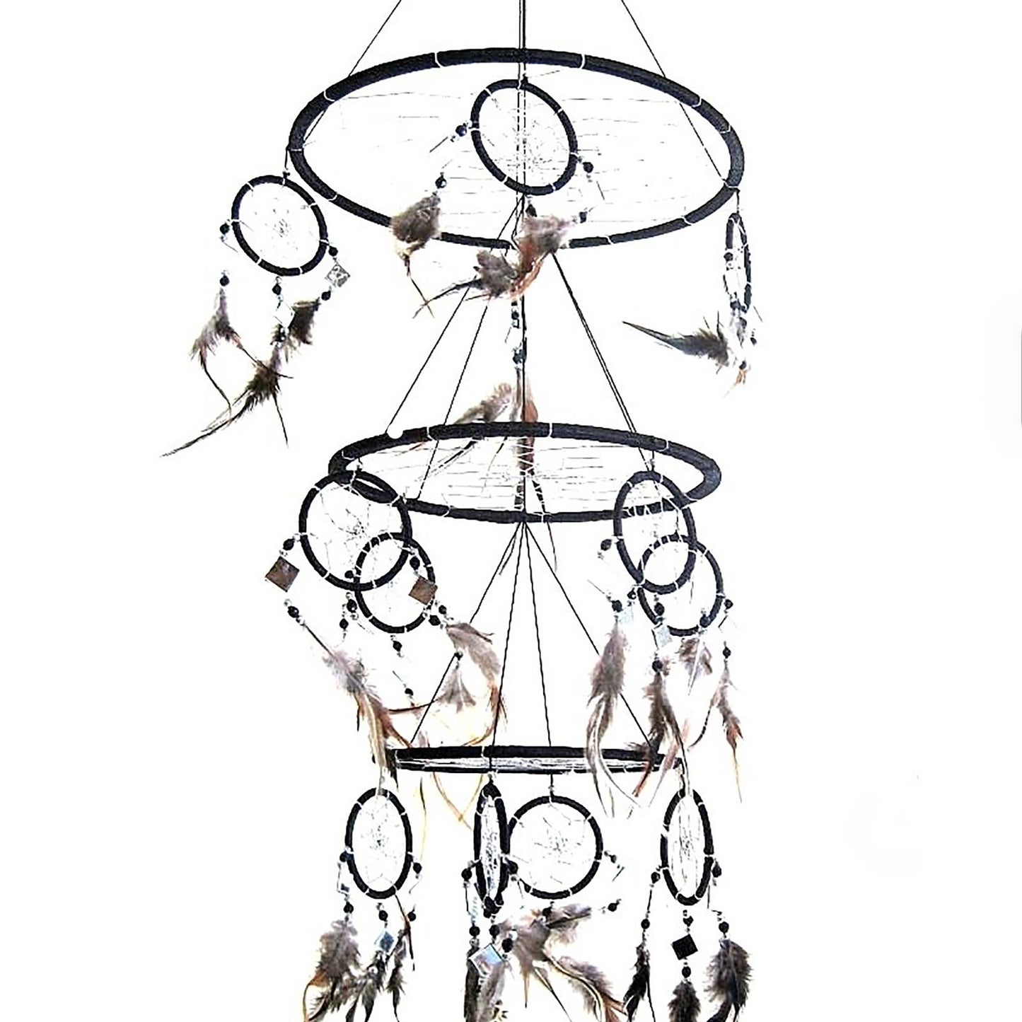 Triple Dream Catcher With Black Feathers & Mosaic Glass
