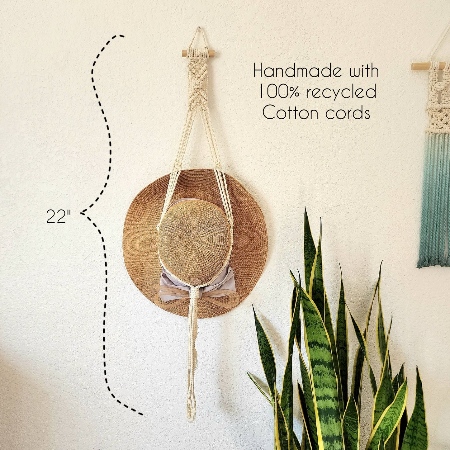 Macrame Hat Hanger, Wall Mounted Hat Display and Organizer: Double Hat Hanger / Cafe Latte