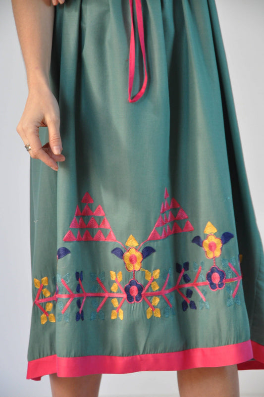 Green Cotton Tunic Embroidered Kaftan Dress