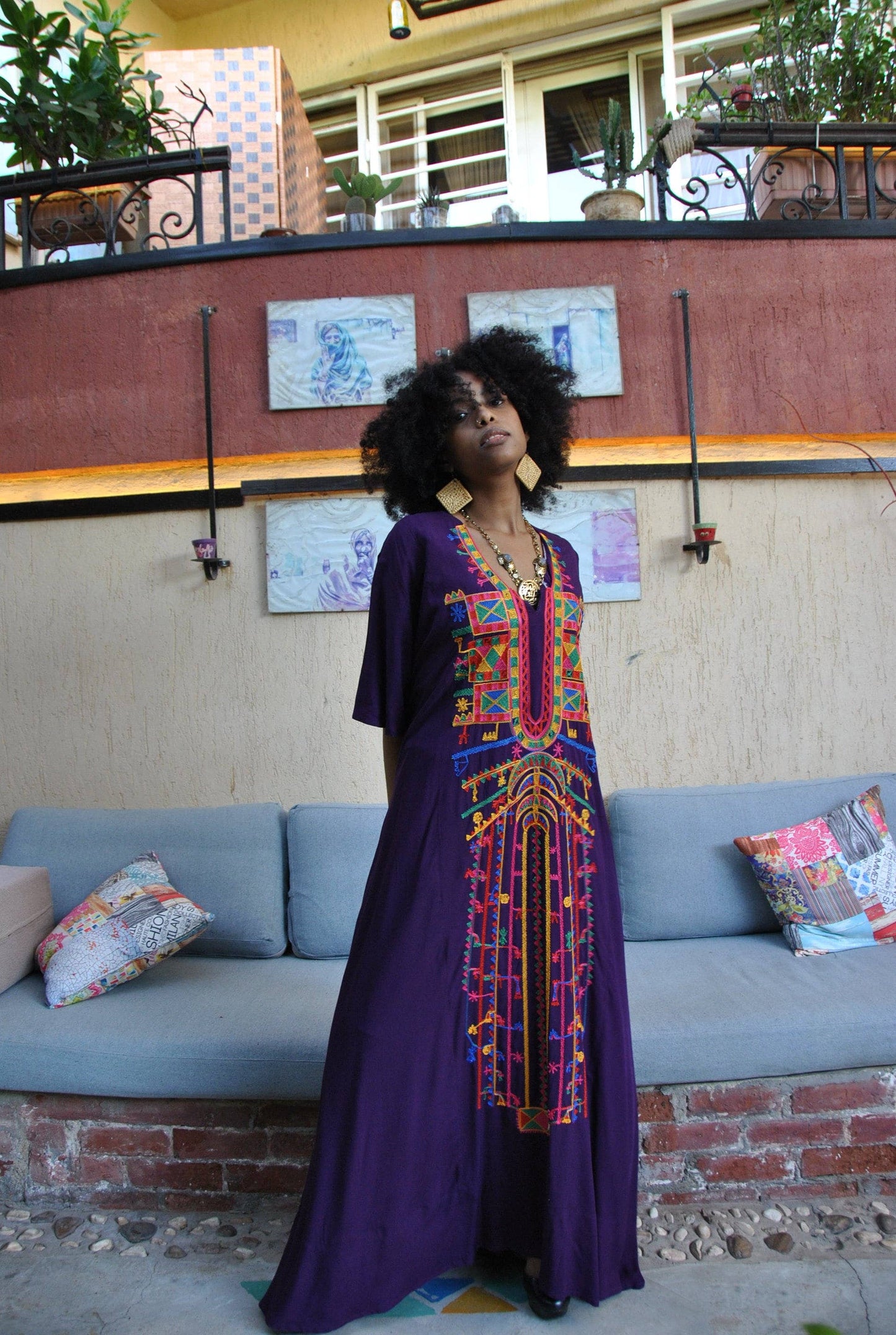 Purple Siwa Multicolor embroidered Kaftan dress, Cotton Kaftan, caftans for women, Summer Kaftan, Embroidered kaftan, caftans, Egyptian