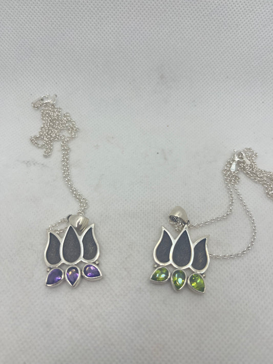 Lotus with Triple Gem Drops Necklace