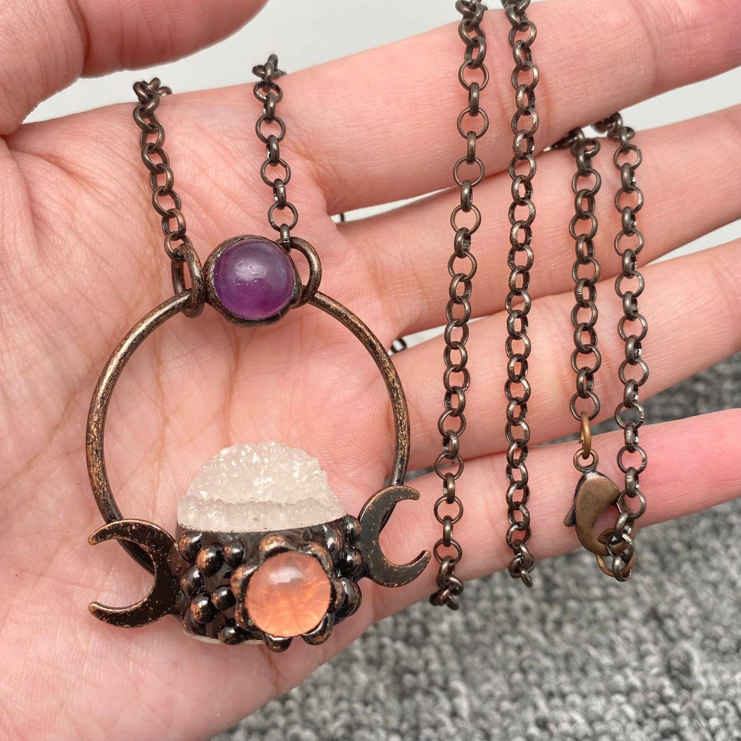 White Crystal & Amethyst & Powder Crysta Craft Moon Charm